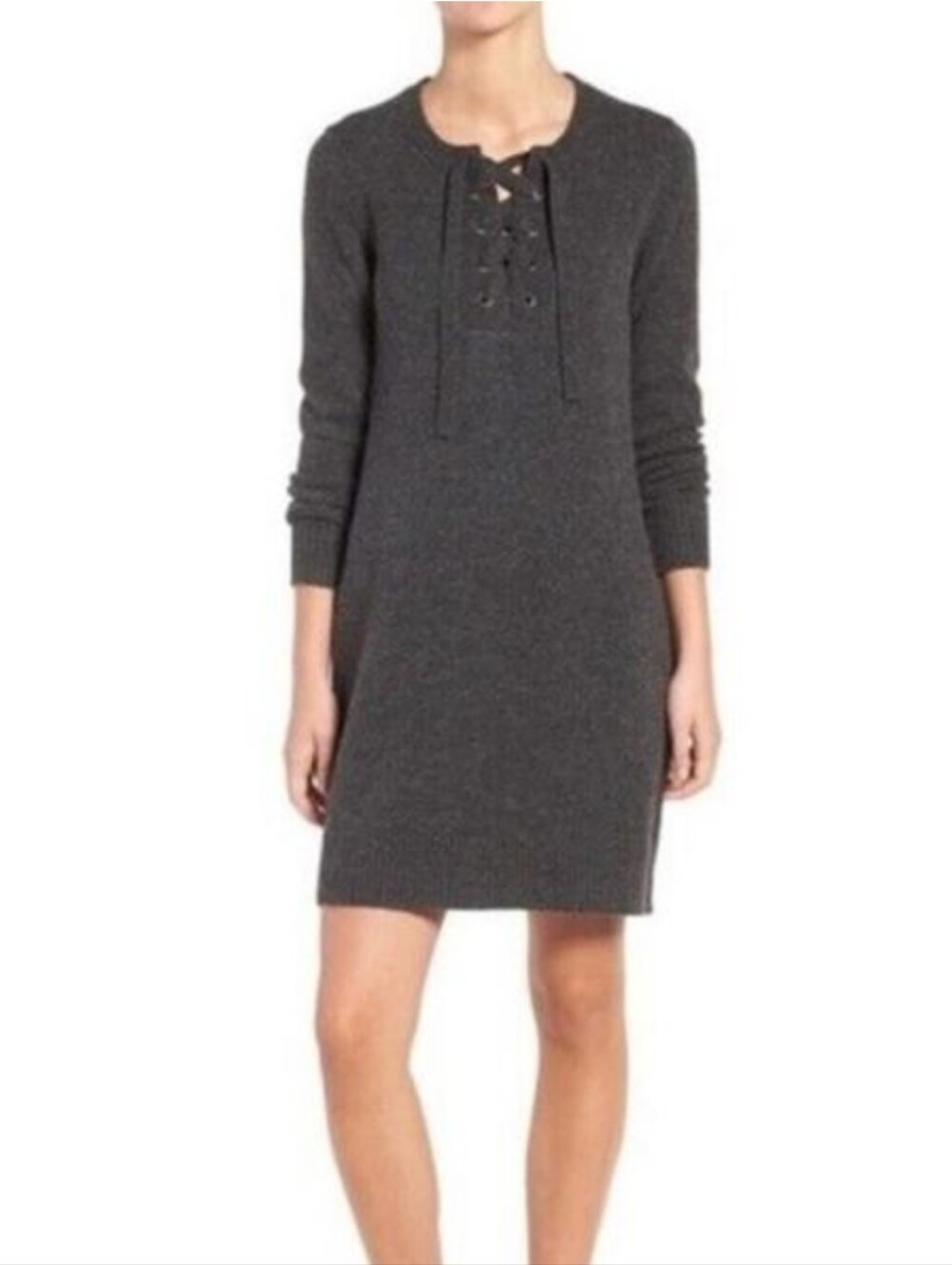 Madewell Women Small Gray Knit Lace Up Detail Sweater Tunic Dress